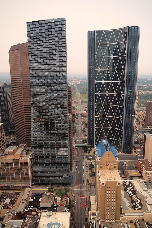 Gratte-ciels Brookfield Place et The Bow dans le centre-ville de Calgary.