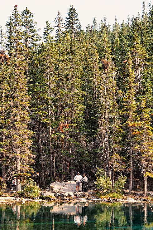 Pareja frente al bosque que bordea Grassi Lakes.