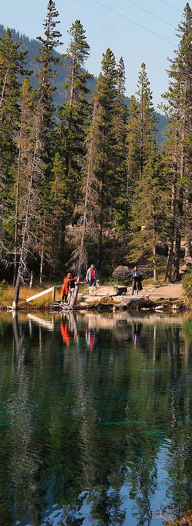 Reflejos de los árboles en las aguas turquesas del lago Grassi, cerca de Canmore.