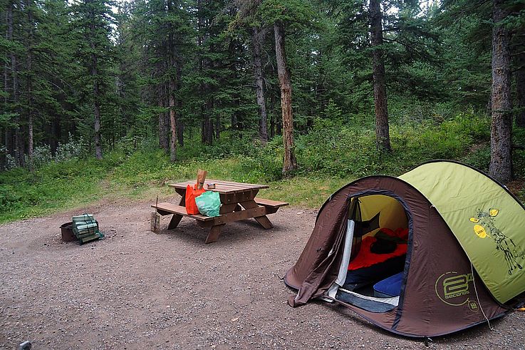 Lugar de acampada bajo los árboles en el Parque Provincial de Kananaskis.