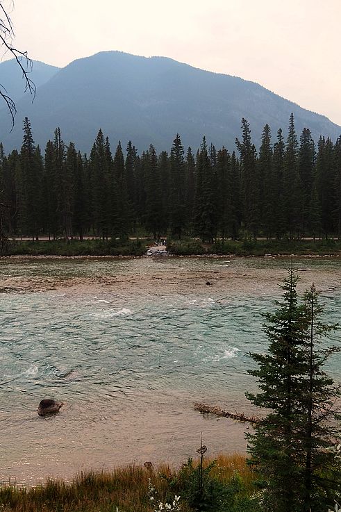 Rivière Bow et montagne brumeuse à Banff.