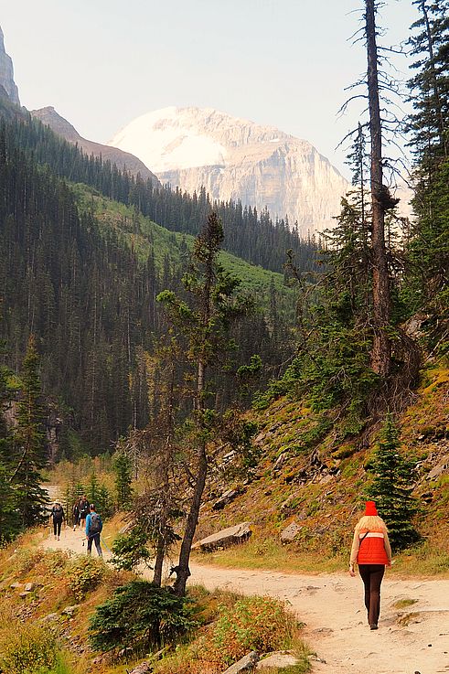 Randonneurs sur le sentier Plain of Six Glaciers dans le parc national Banff.