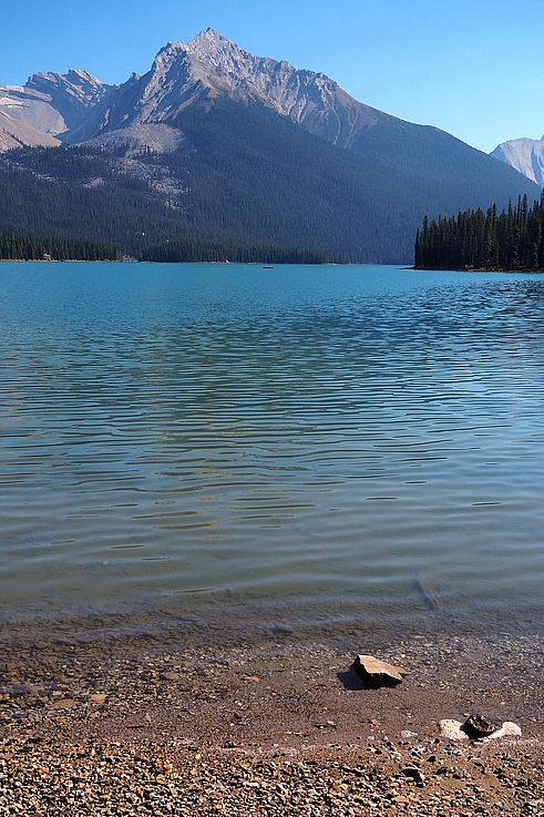 Lac Maligne et sommets des Rocheuses dans le parc national Jasper.