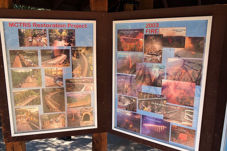 Panneau d'interprétation sur le projet de restauration des chevalets du Myra Canyon après l'incendie de 2003.
