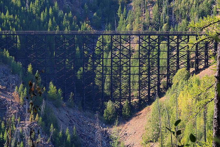 Pont à chevalets en bois sur le sentier Kettle Valley Rail Trail au Myra Canyon.