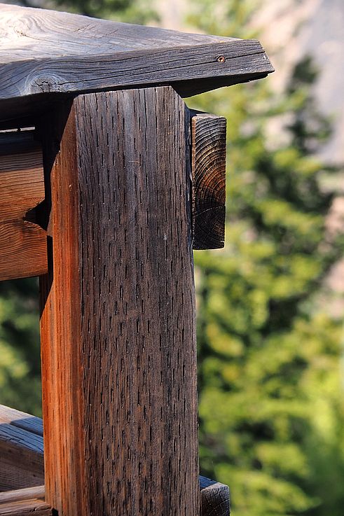 Texture du bois sur un chevalet de la Kettle Valley Railway, dans le Myra Canyon.