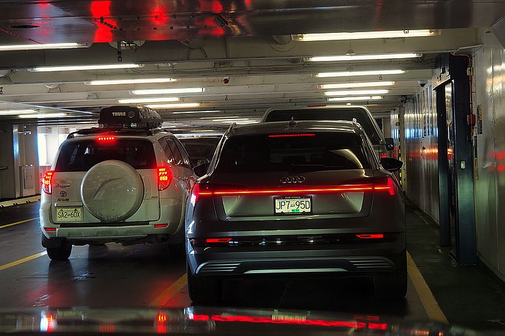 Vehicles parked on the deck of a BC Ferries vessel, Delta.