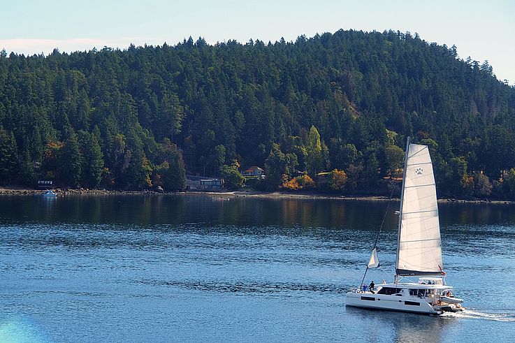 Leopard 45 catamaran sailing off a wooded coast in the Gulf Islands.