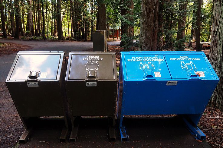 Bilingual recycling bins at a North Saanich campground.