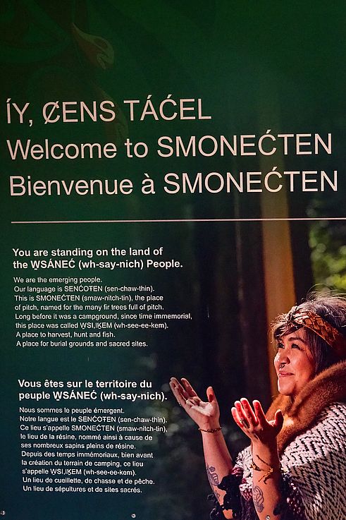 Welcome sign on the ancestral territory of the W̱SÁNEĆ people at SMONEĆTEN, British Columbia.