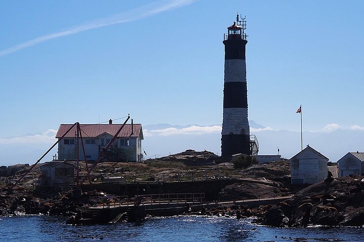 Race Rocks Lighthouse and sea lion colony with a view of the Olympic Mountains.