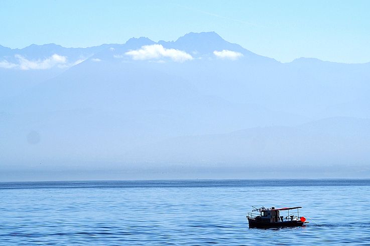 Fishing boat on the Strait of Juan de Fuca with the Olympic Mountains in the background.