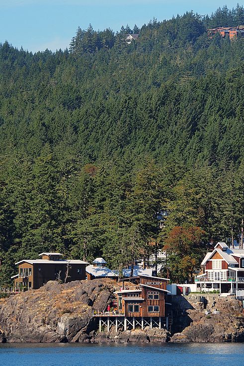 Stilt houses and rocky coast bordered by forest along the Juan de Fuca trail.