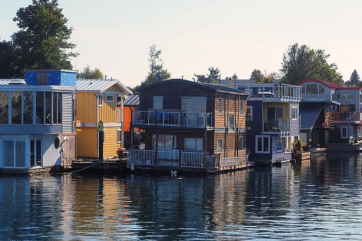 Colorful floating homes at Fisherman's Wharf in Victoria.