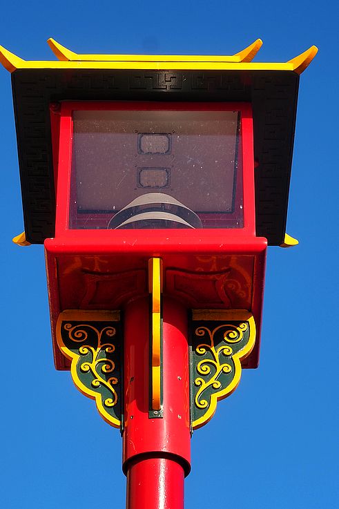 Decorative Chinatown street lamp on Pandora Avenue in Victoria.