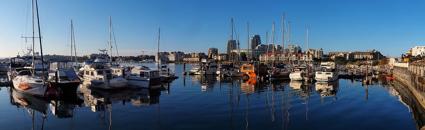 Boats anchored in Victoria's marina.