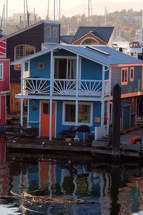 Blue floating home at Fisherman's Wharf in Victoria.