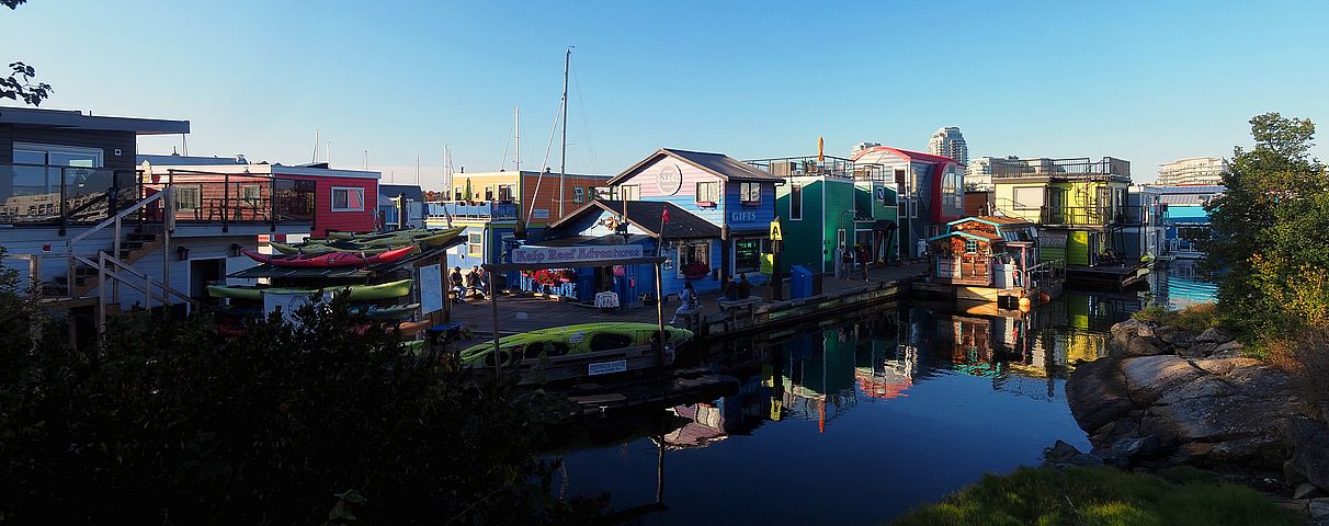Colorful floating homes at Fisherman's Wharf in Victoria.