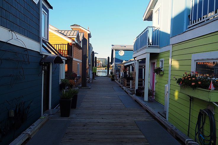 Colorful floating homes at Fisherman's Wharf in Victoria.