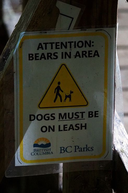 Panneau d'avertissement de présence d'ours et obligation de tenir les chiens en laisse dans un parc provincial de Colombie-Britannique.