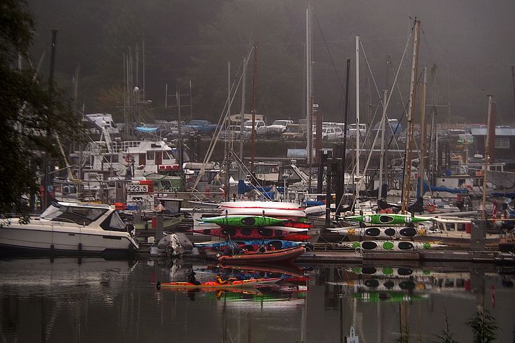 Botes y kayaks en el puerto de Ucluelet con clima brumoso.