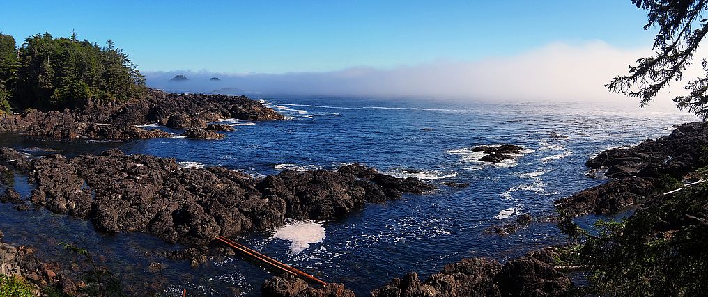 Costa rocosa y niebla sobre el océano a lo largo del Wild Pacific Trail en Ucluelet.