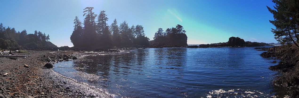 Cala rocosa y bosque en el sendero Wild Pacific Trail en Ucluelet.