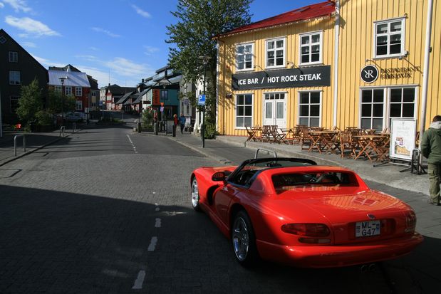 A red Dodge Viper SRT10 in the streets of Reykjavik