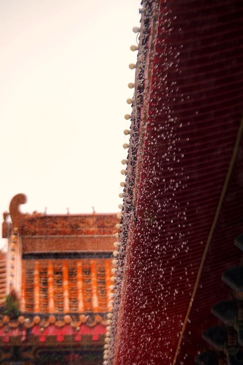 Roof of Kek Lok Si Temple pagoda in the rain in George Town.