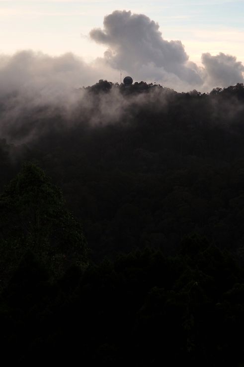 Radar station on Bukit Bendera in the fog.