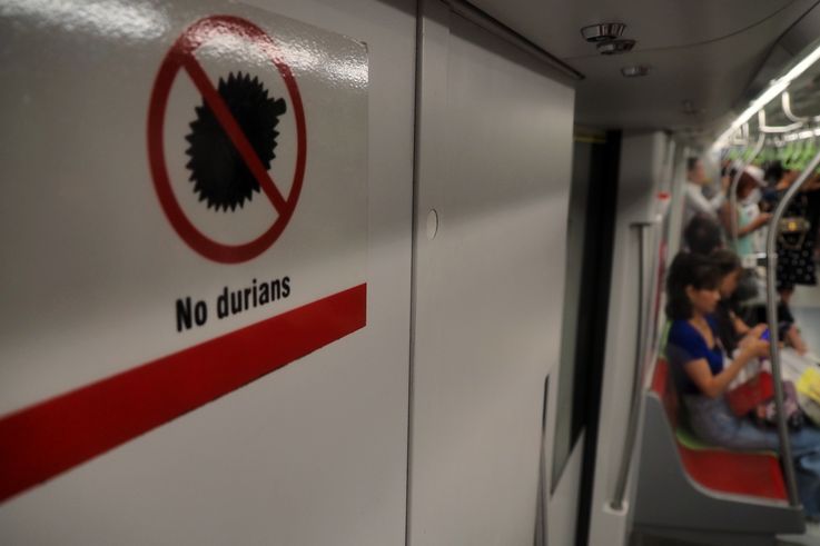 Señal de prohibición de durián a bordo del metro, barrio de Chinatown.