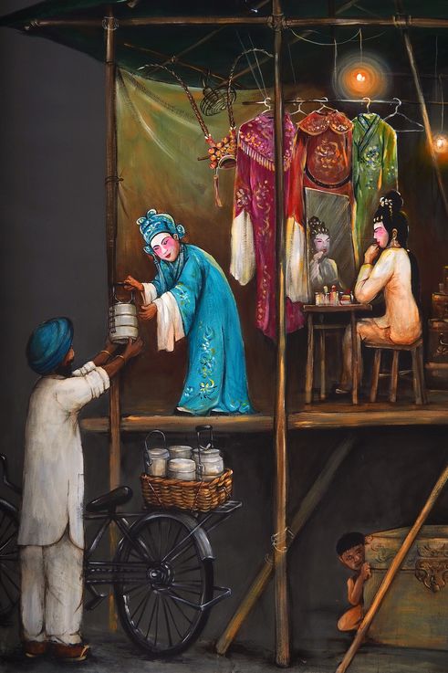 Escena de ópera china en un mural callejero de Yip Yew Chong en Chinatown.