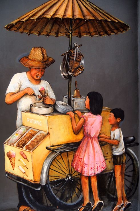 Mural "Mobile Potong Ice Cream Cart" de Yip Yew Chong en Chinatown, cerca del templo Sri Mariamman.