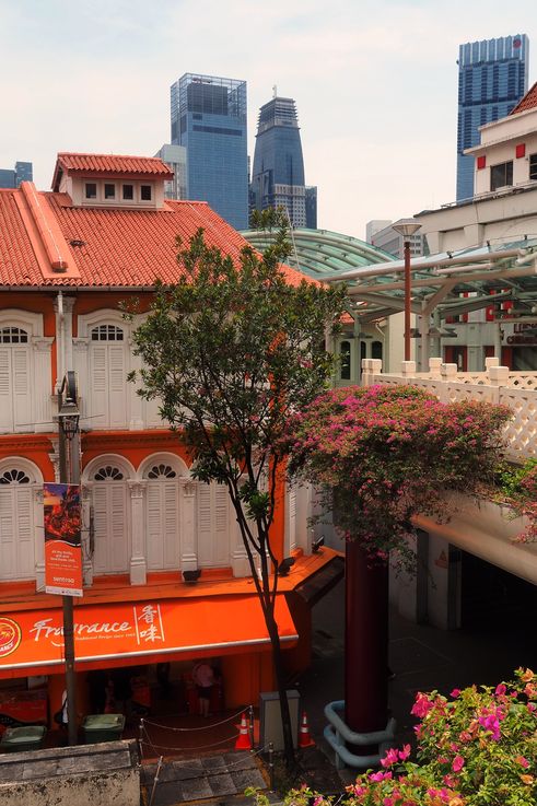 Shophouse de Chinatown con la tienda Fragrance y buganvillas.