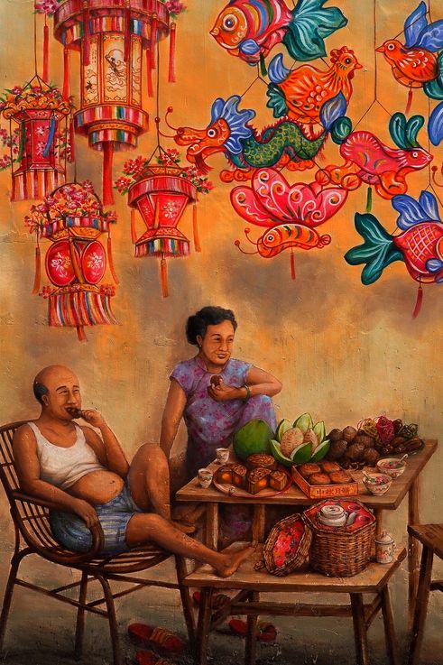 Mural del artista Yip Yew Chong en Chinatown, una escena del Festival de Medio Otoño.