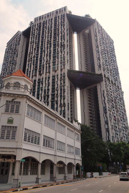 Edificio de Keong Saik Road y el complejo residencial The Pinnacle@Duxton, famoso por sus pasarelas aéreas.