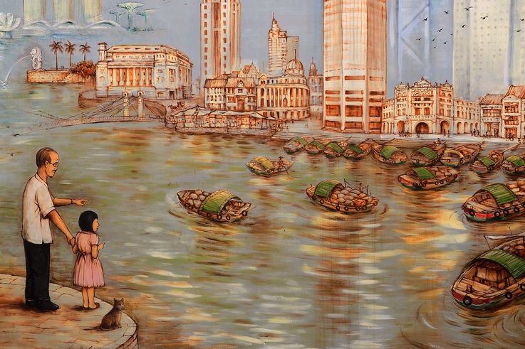 Mural de Yip Yew Chong, escena del río Singapur con Merlion y bum-boats, distrito de Chinatown.