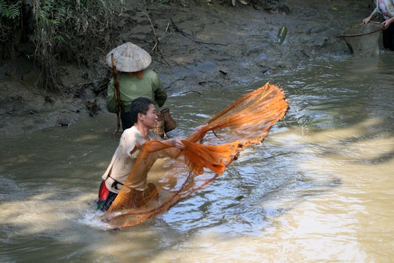 Pesca con red en el pueblo de Sai